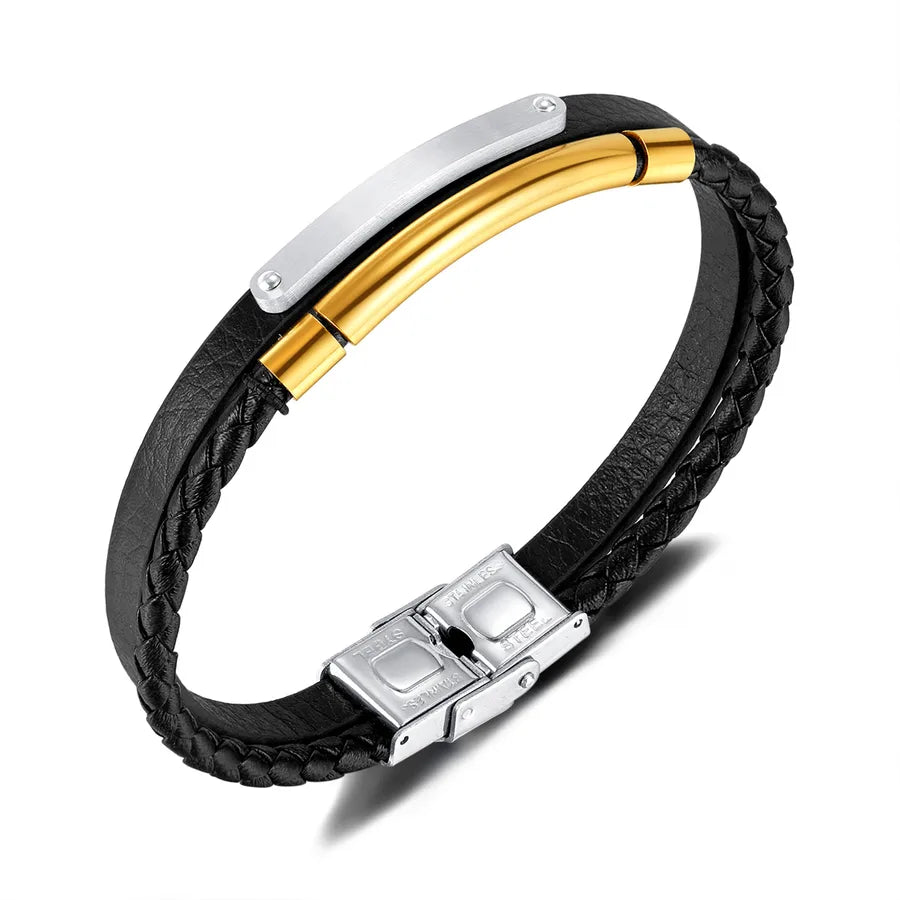 Vintage Style Geometric 304 Stainless Steel Pu Leather Men's Bangle