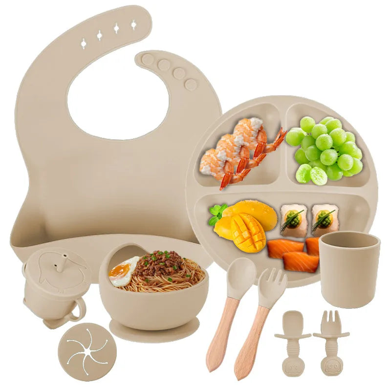 Baby silicone tableware suit baby learning to eat food supplement tableware self-eating sucker bowl integrated children's plate