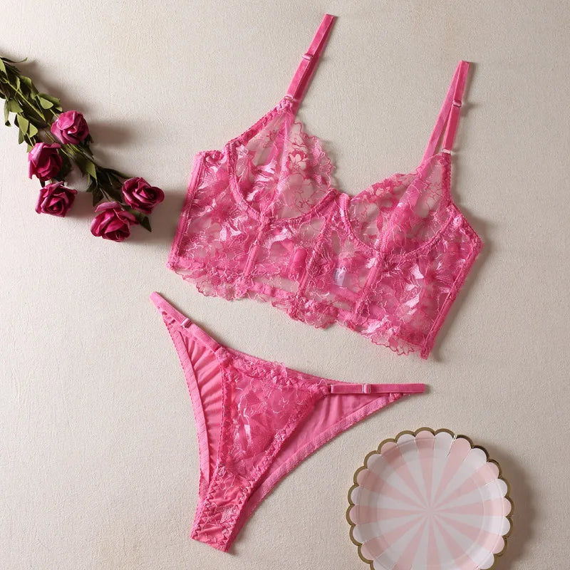 women's sexy flower sexy lingerie sets party embroidery sheer bra low waist thong sexy lingerie