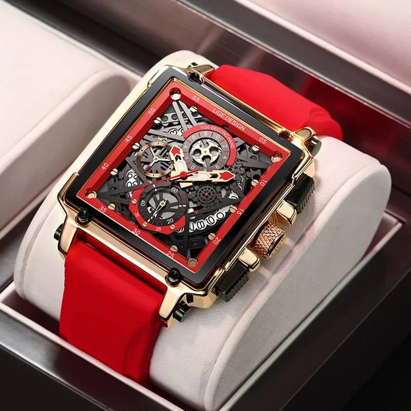 LIGE/LIGE  new men's watch Square multi-function chronograph 30m waterproof watch