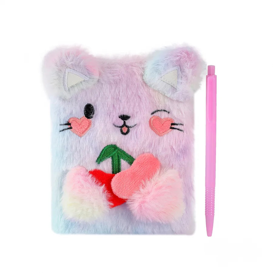 Cartoon Plush Cat Dog Notebook Set Of 2 With Pen Children's Cute Writing Notebook Gift Book Colorful Furry Leopard Pattern