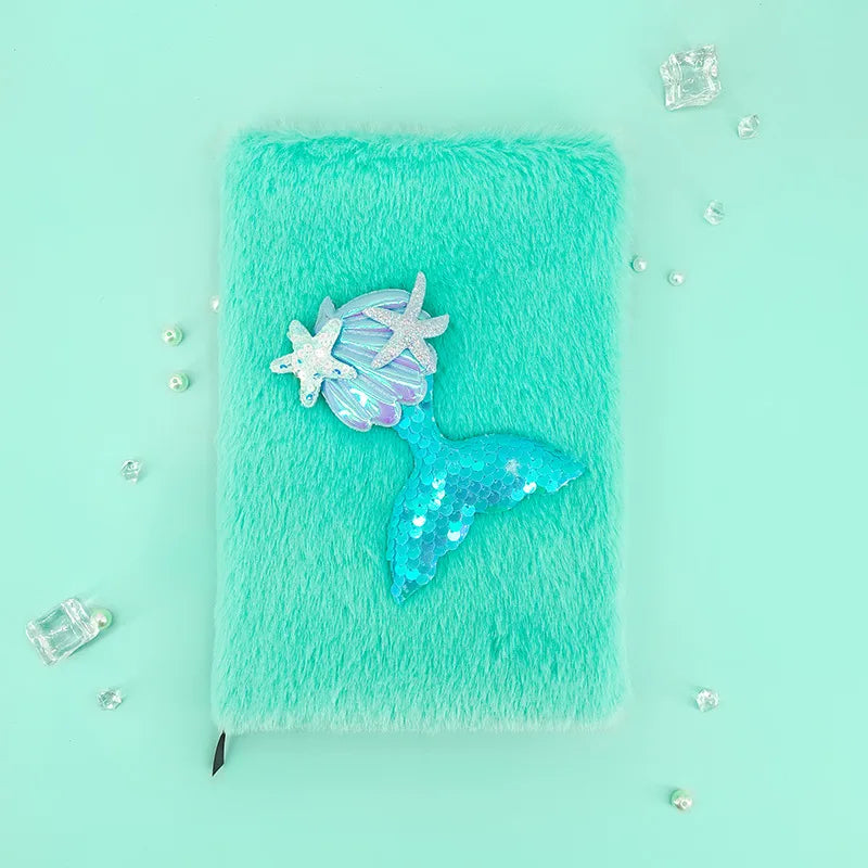Mermaid Tail Shiny Sequin Plush Notebook A5 Size 80 Pages Cute Cartoon Style Memory Book Diary Gift For Girls
