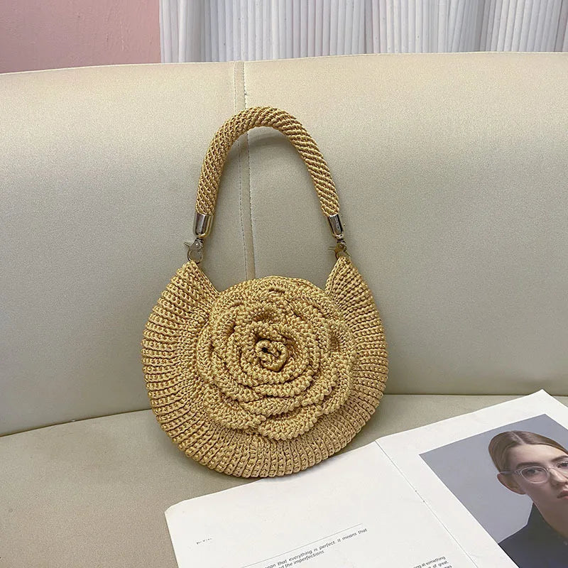 Women's Small cotton and linen Flower Streetwear Flowers Round Magnetic Buckle Straw Bag