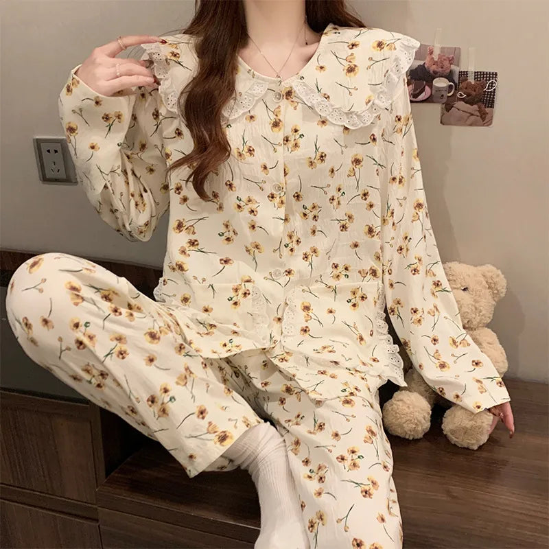 Sweet Cherry Cloud Cotton Long Sleeve Spring Home Clothes Set For Girls Comfortable Breathable Sleepwear Casual Style