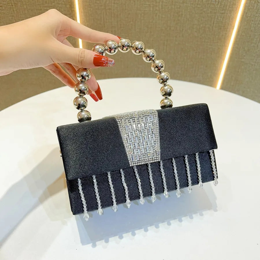 New Pearl Box Shiny Sequin Small Square Bag Evening Party Handbag Crossbody Shoulder Bag Glittering Tassel Silk Square Bag