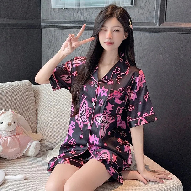 Elegant Ice Silk Sleepwear Women's Summer Butterfly Print Short Sleeve Home Clothes Set Can Be Worn Outside Breathable Casual