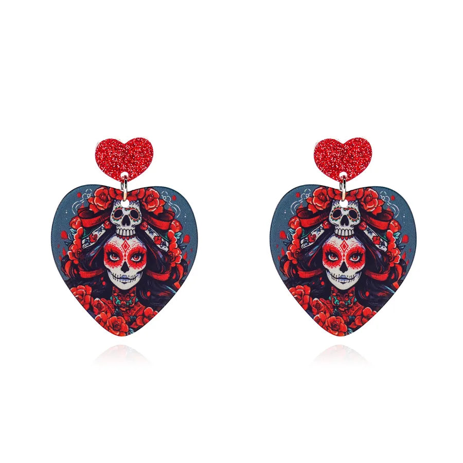 Creative Acrylic Skeleton Head Earrings Set For Women Halloween Theme Personalized Fashion Jewelry Love Shape Card Included