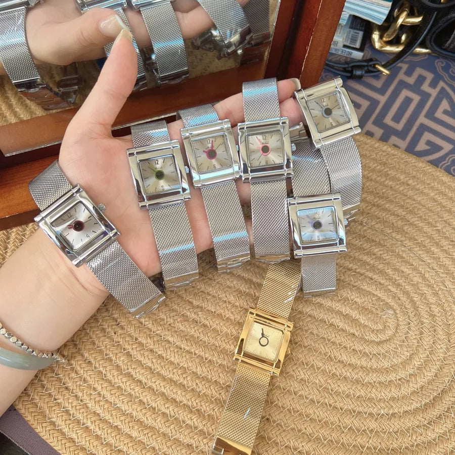 Fashionable Leopard Print Gold Tone Quartz Watch For Women Stylish Milisha Square Face Stainless Steel Band Trendy Accessory