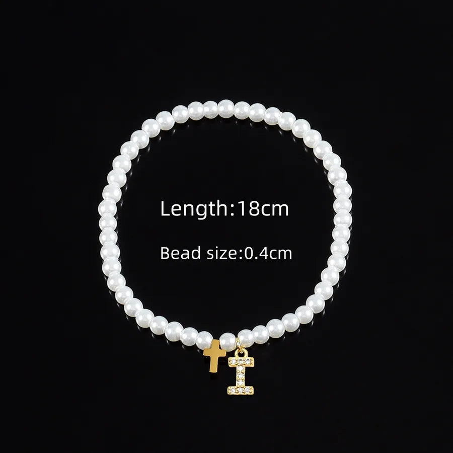 Elegant Vintage Style Classic Style Cross Letter 304 Stainless Steel Artificial Pearl Copper Beaded Chain Beaded Bracelets Wholesale