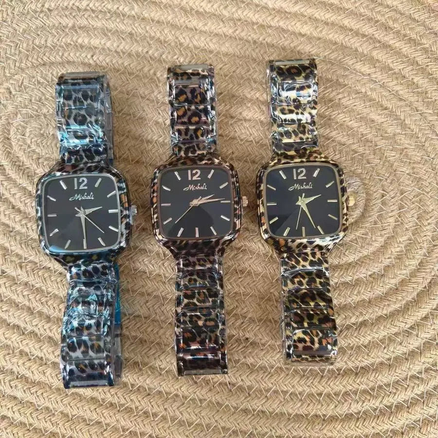 Mishali Square Large Dial Fashionable Women's Watch Stainless Steel Strap Leopard Print Casual Style Quartz Movement Mineral Glass