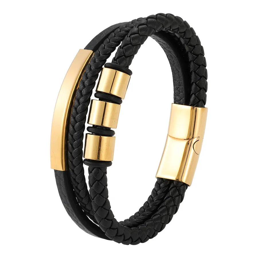 Titanium Steel Woven Stainless Steel Bracelet Men's Titanium Steel Magnetic Buckle Multi-Layer Leather Bracelet Wholesale