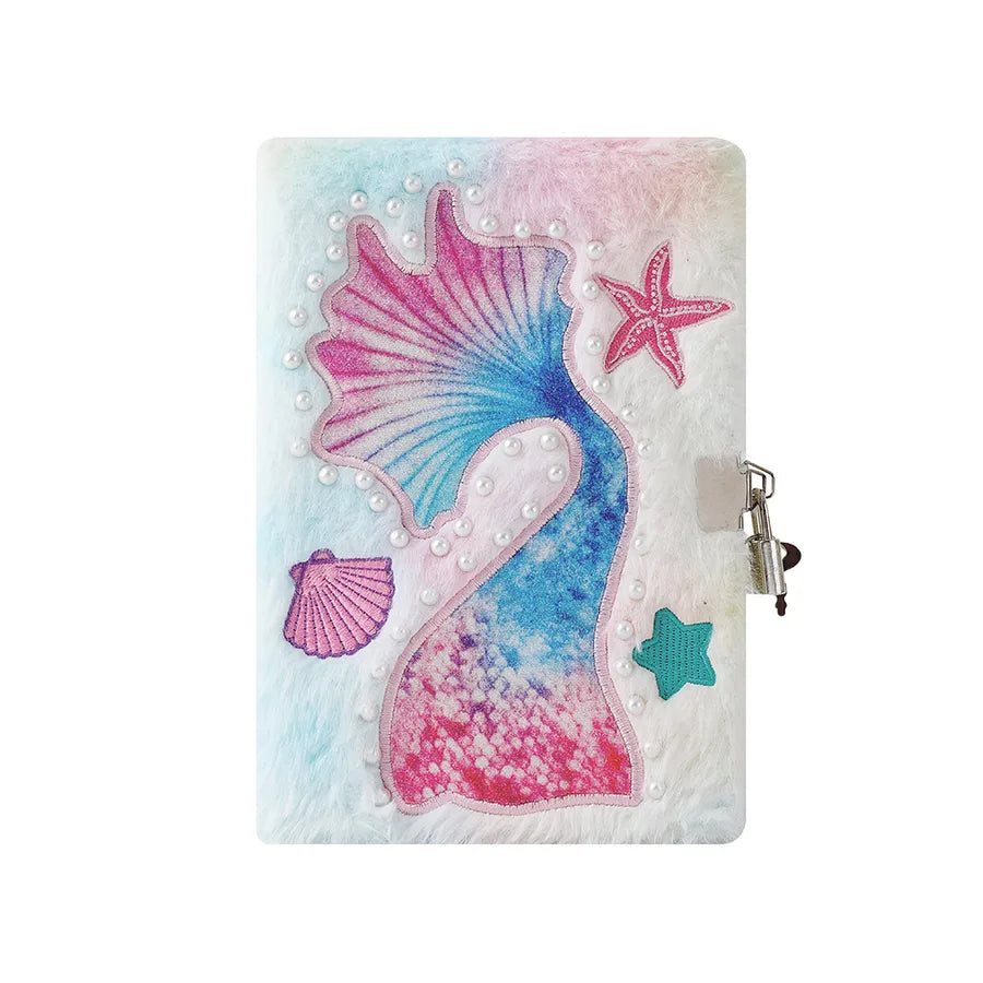 A5 Size Lockable Mermaid Tail Plush Notebook Cartoon Hard Cover Writing Diary For Students Children Gifts
