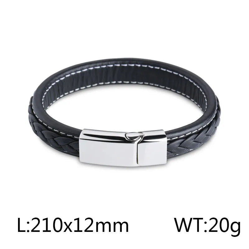 Hip-Hop Retro Color Block Pu Leather Titanium Steel Braid 18K Gold Plated Men's Bangle