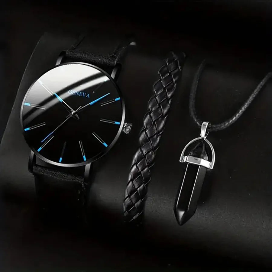 Men's watch and 1 piece exquisite leather bracelet plus 1 piece bullet ornament necklace