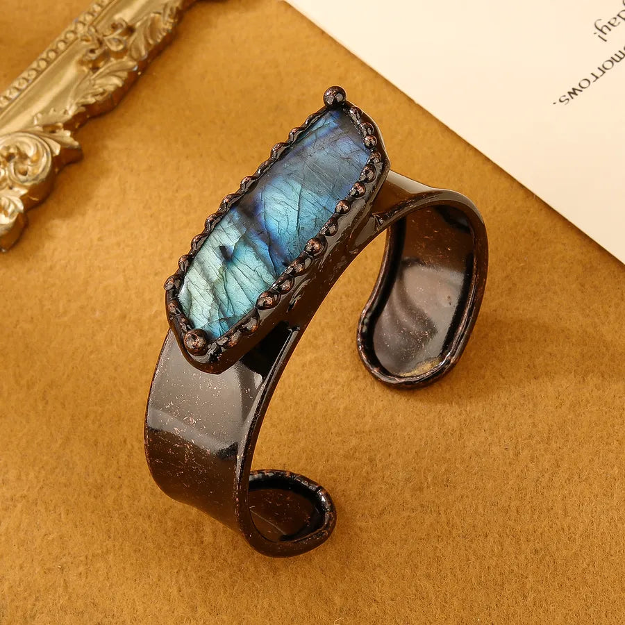 Retro Baroque Style Punk Geometric natural stone Labradorite Asymmetrical Irregular Handmade Natural Stone Women's Wide Bracelet