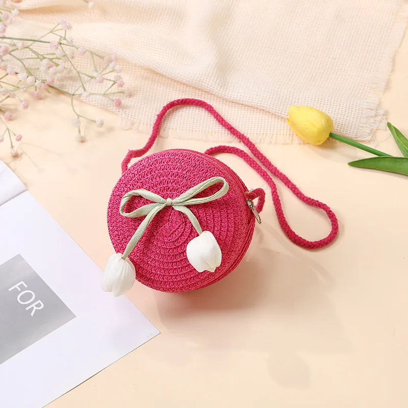 Summer Beach Seaside Tulip Straw Woven Bag  New Children Flower Straw Bag Mobile Phone Crossbody Bag