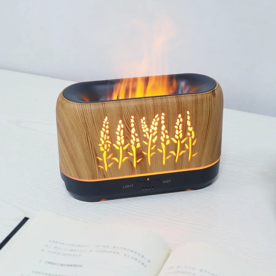 New wood grain hollow wheat ear WiFi flame humidifier household flame essential oil aromatherapy machine  products wholesale