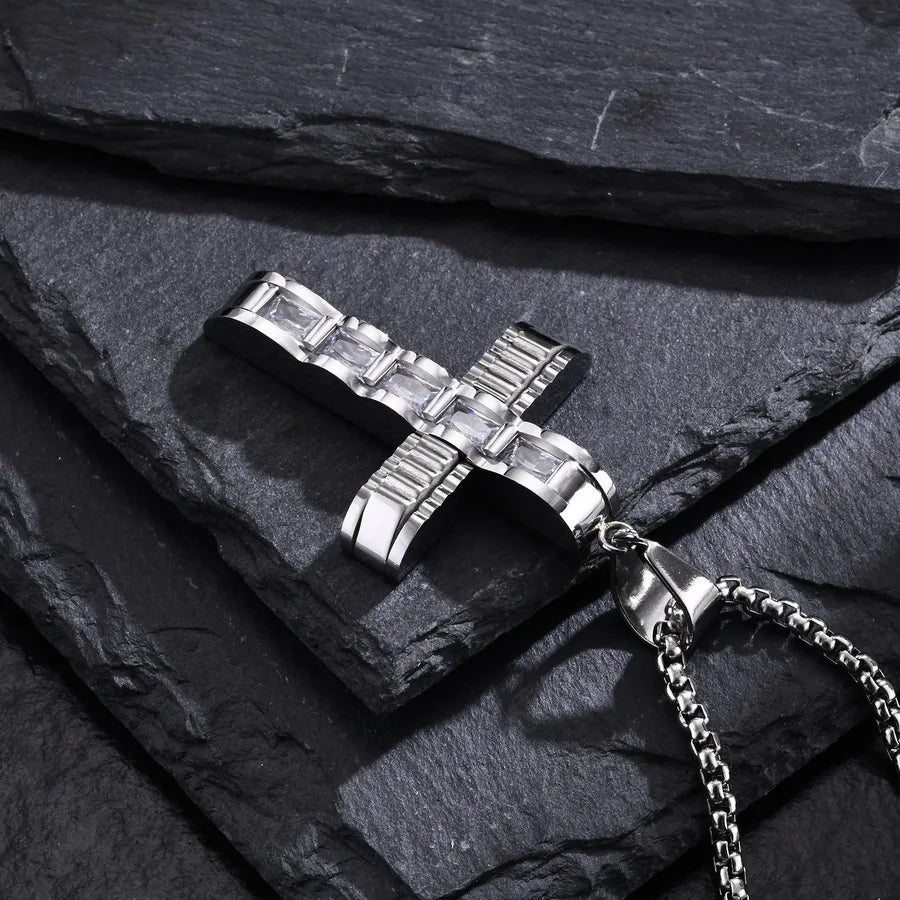 Wholesale Jewelry Religion Simple Style Cross 304 Stainless Steel Zircon Pendant Necklace
