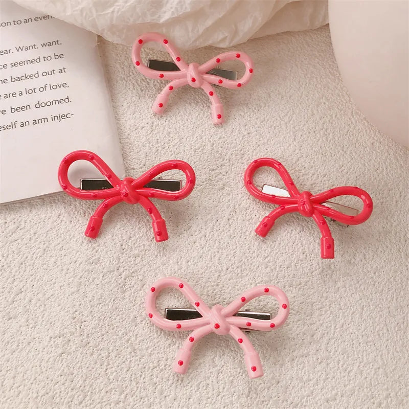 Pink Polka Dot Butterfly Knot Hair Clip Women's Forehead Bangs Clip Side Duckbill Clip Fringe Hairdressing Accessories