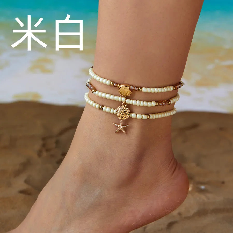 Bohemian starfish rice beads crystal anklet suit summer all-match beach rice beads shell multi-layer anklet wholesale