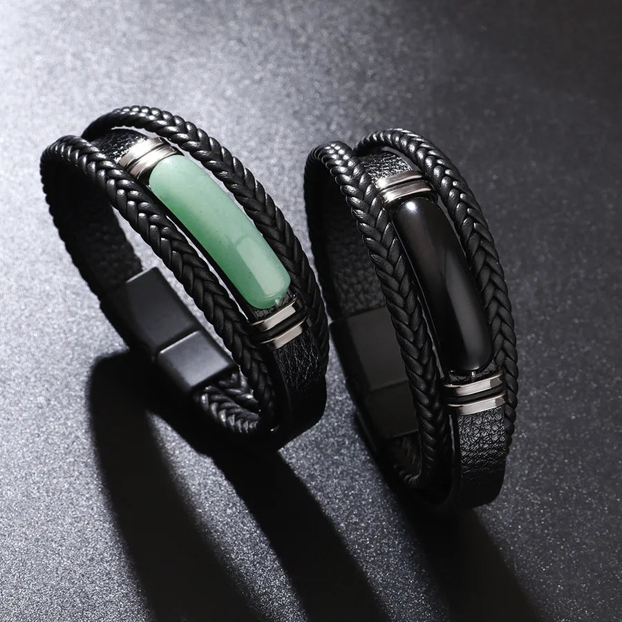 punk modern style british style geometric pu leather inlay agate men's bracelets