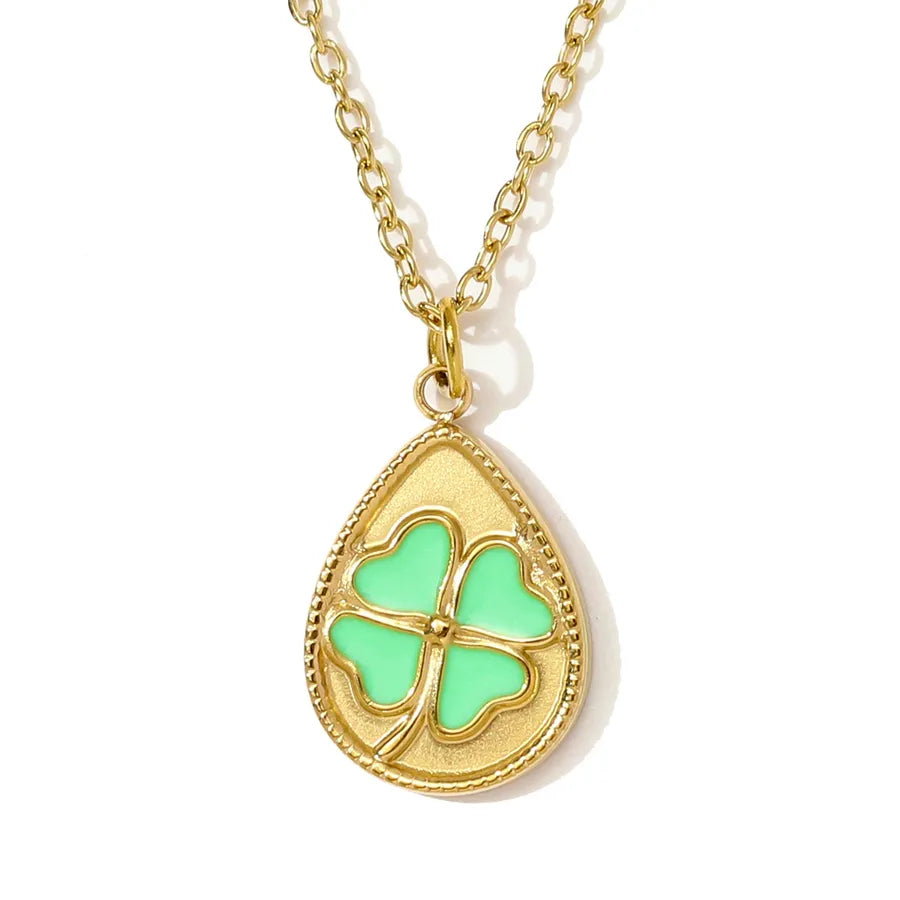 14K Gold Plated Titanium Steel Four Leaf Clover Lucky Pendant Necklace Women's Fashion Stainless Steel Jewelry Waterdrop Shape