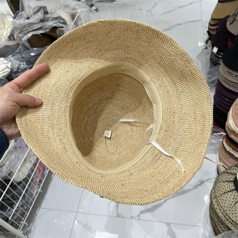 Handmade Laffey Grass Fishing Hat Women Summer Sun Protection Beach Hat Pearl Rhinestone Pot Hat Coastal Sand Beach Cap