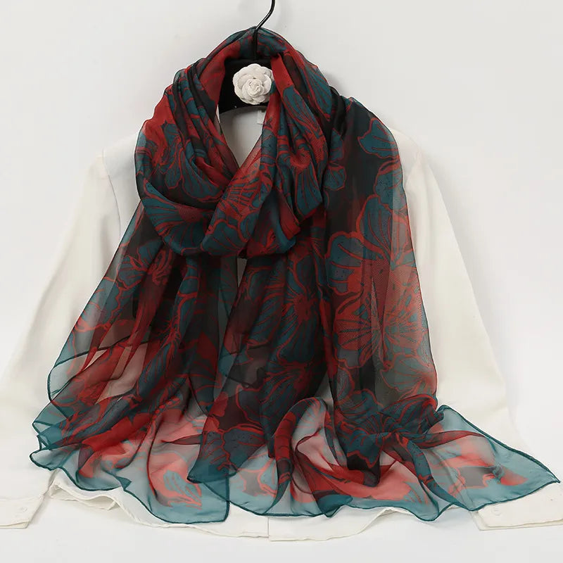 women's elegant lady color block high quality yarn printing silk scarf