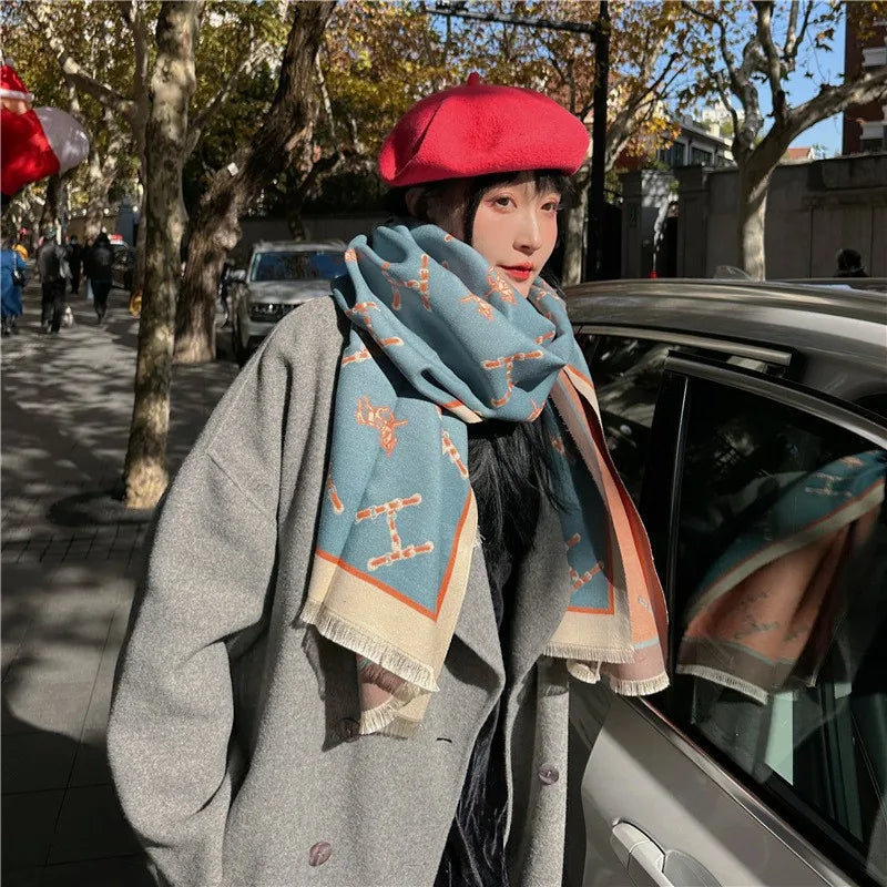 women's retro color block imitation cashmere printing scarf