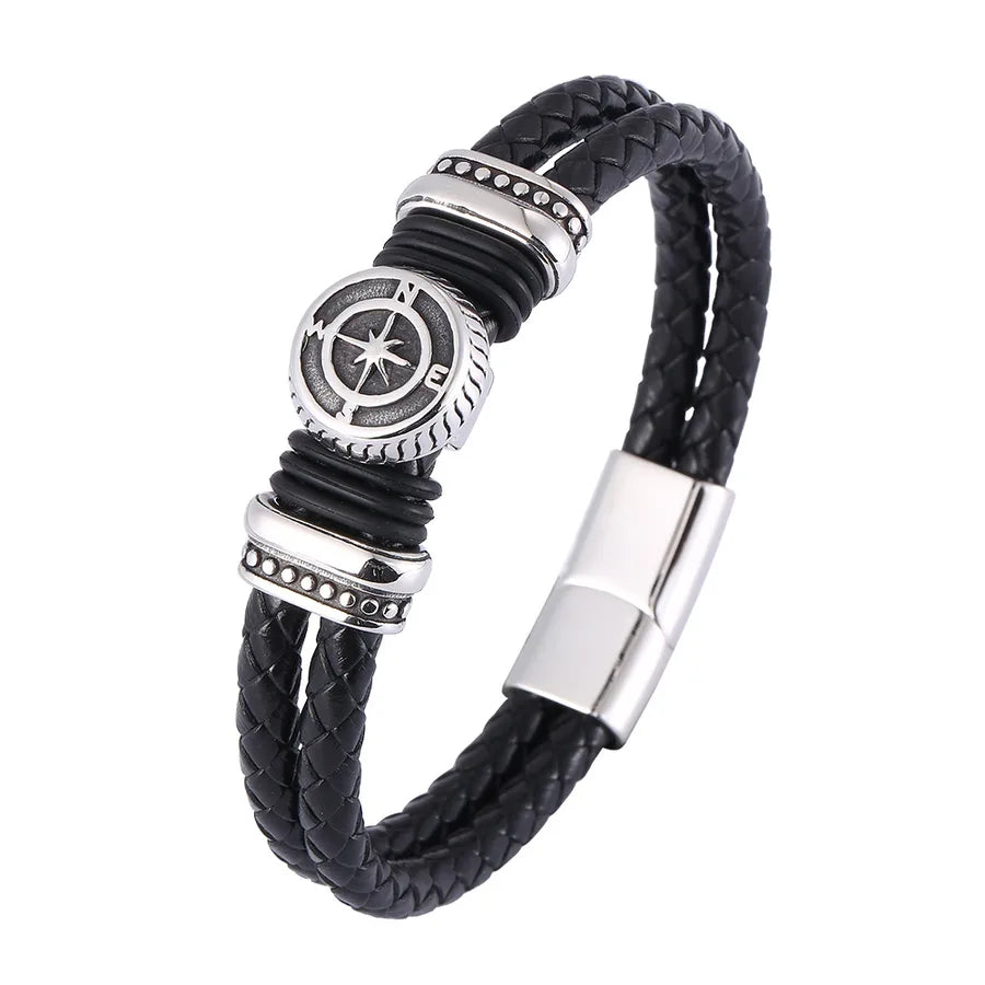 new  men's double leather woven titanium steel bracelet Viking stainless steel DIY leather rope bracelet chain
