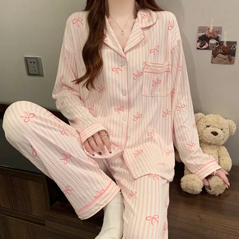 Sweet Girl Heart Print Open Cardigan Sleepwear Long Sleeve Crepe Home Clothes Set Spring New Style Casual Breathable Polyester