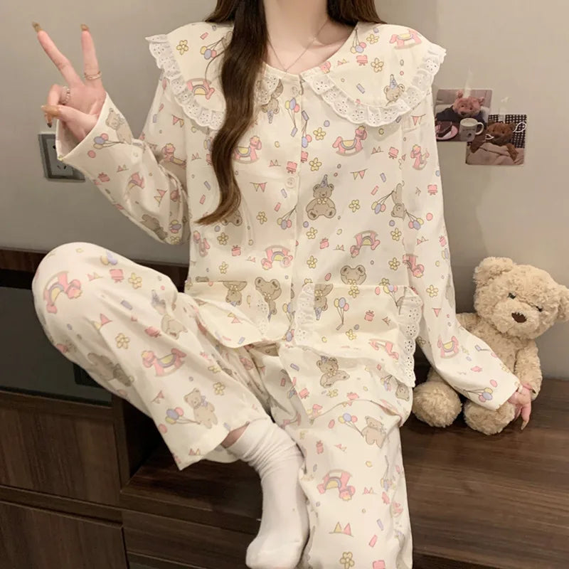 Sweet Cherry Cloud Cotton Long Sleeve Spring Home Clothes Set For Girls Comfortable Breathable Sleepwear Casual Style
