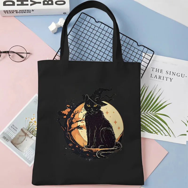 Cute Cat Halloween Party Bag Women Ghost Canvas Tote Bag Harajuku Fashion Shopping Bag Square Shape Large Size Retro Print