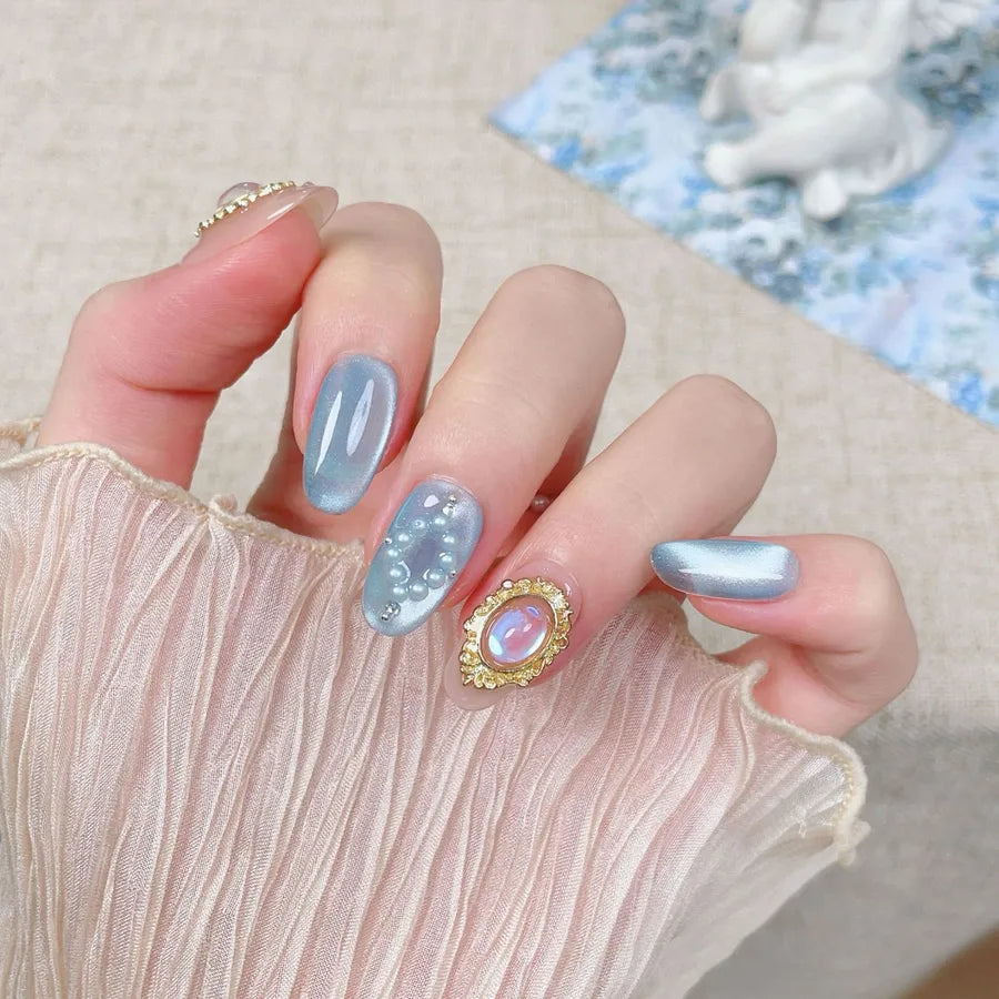 Handmade Cat Eye Nail Tips Pure Gold Mirror Powder Detachable Wearing False Nails Starry Sky Pattern High Gloss Sensation