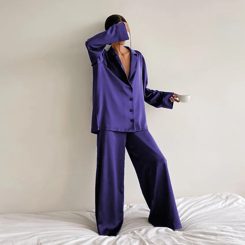 women's fashion solid color imitated silk polyester pants sets