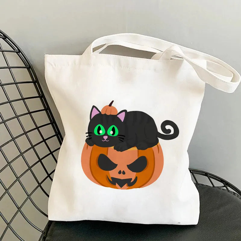 Halloween Women's Medium Canvas Pumpkin Cat Cute Square Open Underarm Bag