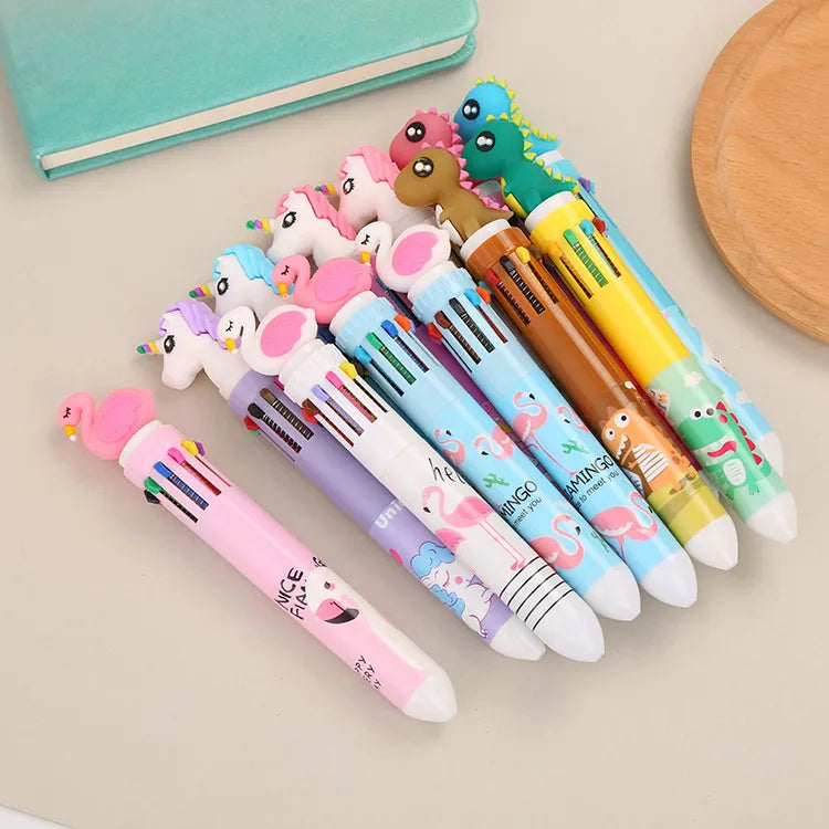 cartoon animal ten-color student stationery retractable ballpoint pen 1pcs
