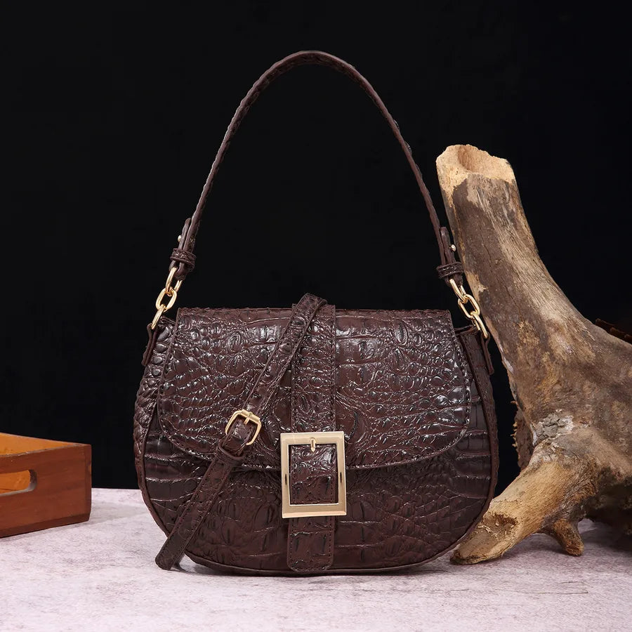 Women's Medium Pu Leather Crocodile Elegant Vintage Style Oval Buckle Crossbody Bag