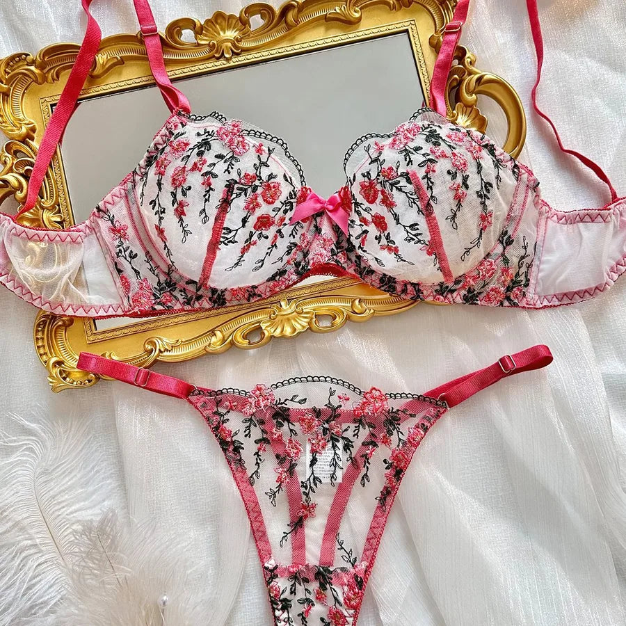 Women's Sexy Flower Sexy Lingerie Sets Home Honeymoon Sheer Bra Low Waist See-Through Sexy Lingerie