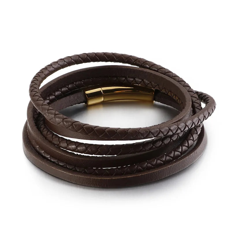 Hip-Hop Retro Geometric Stainless Steel Leather Braid Men's wristband
