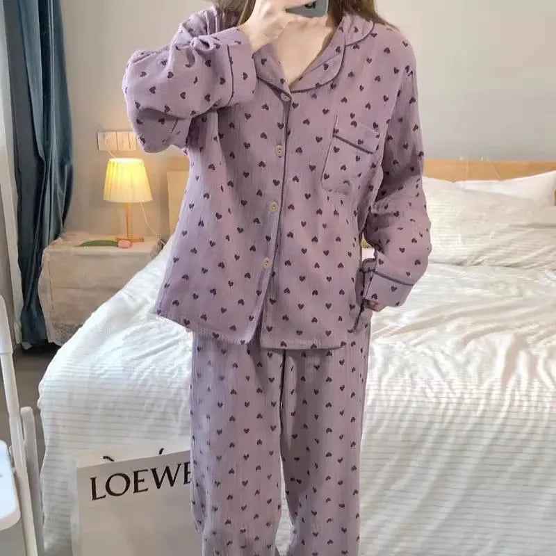 Purple Heart Sweet Style Women's Sleepwear Long Sleeve Home Clothes Spring Autumn High Sensation Dormitory Outdoor Wear Set