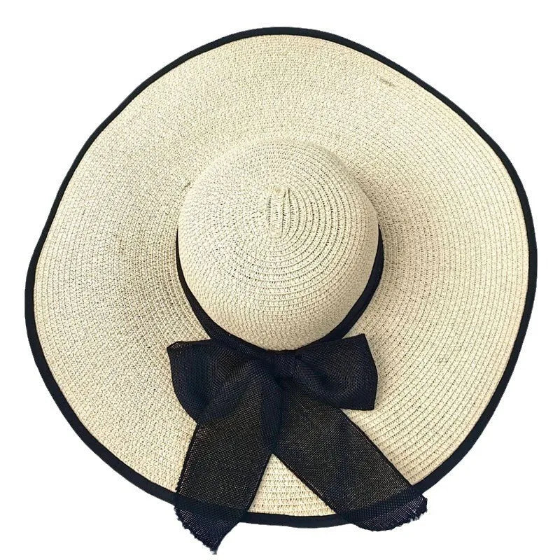 women's basic solid color bowknot side of fungus straw hat