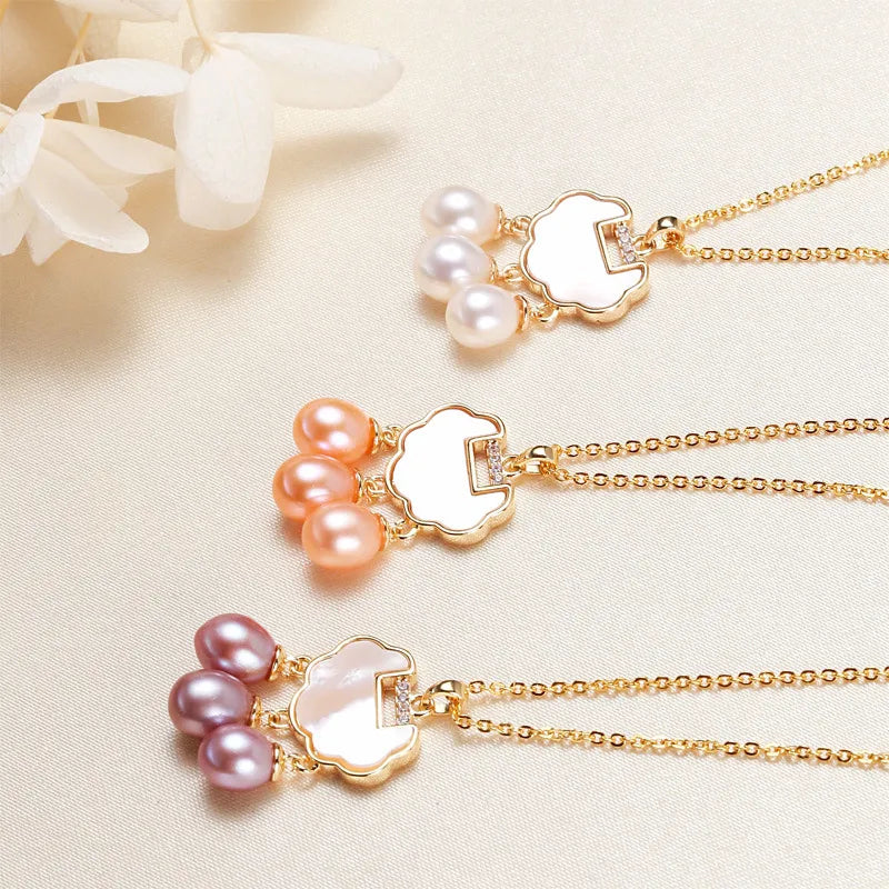 Freshwater Pearl Copper cable chain Geometric Pendant Necklace