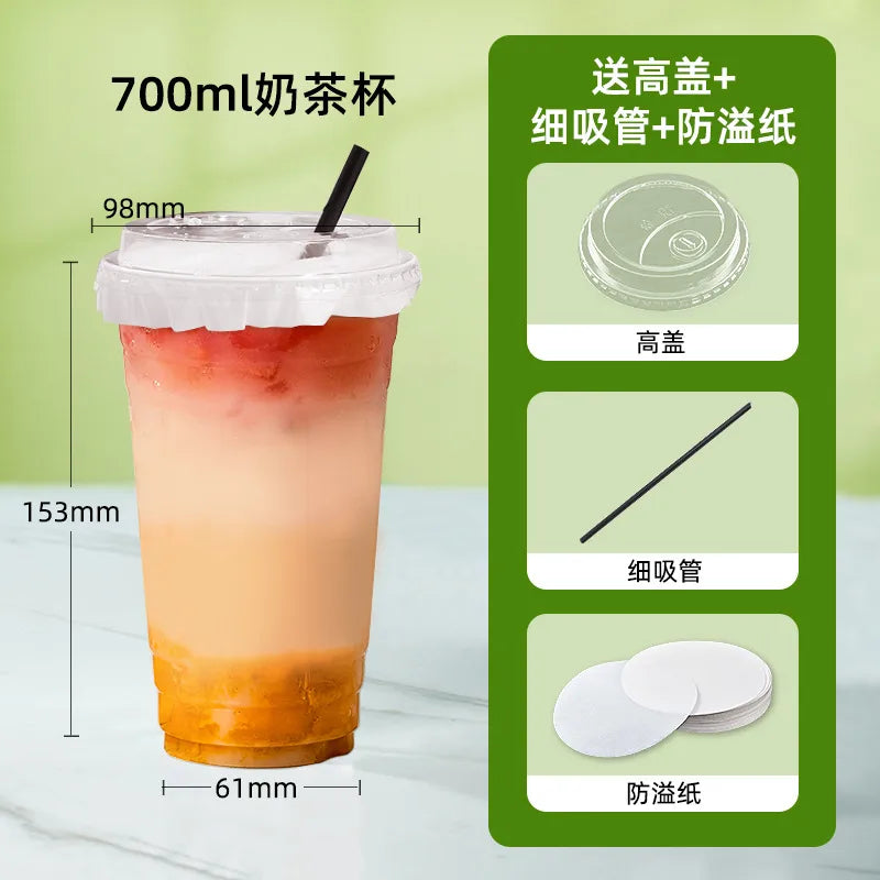 in stock wholesale disposable cup milk tea batch with lid thickened transparent plastic cup stall store packing cup