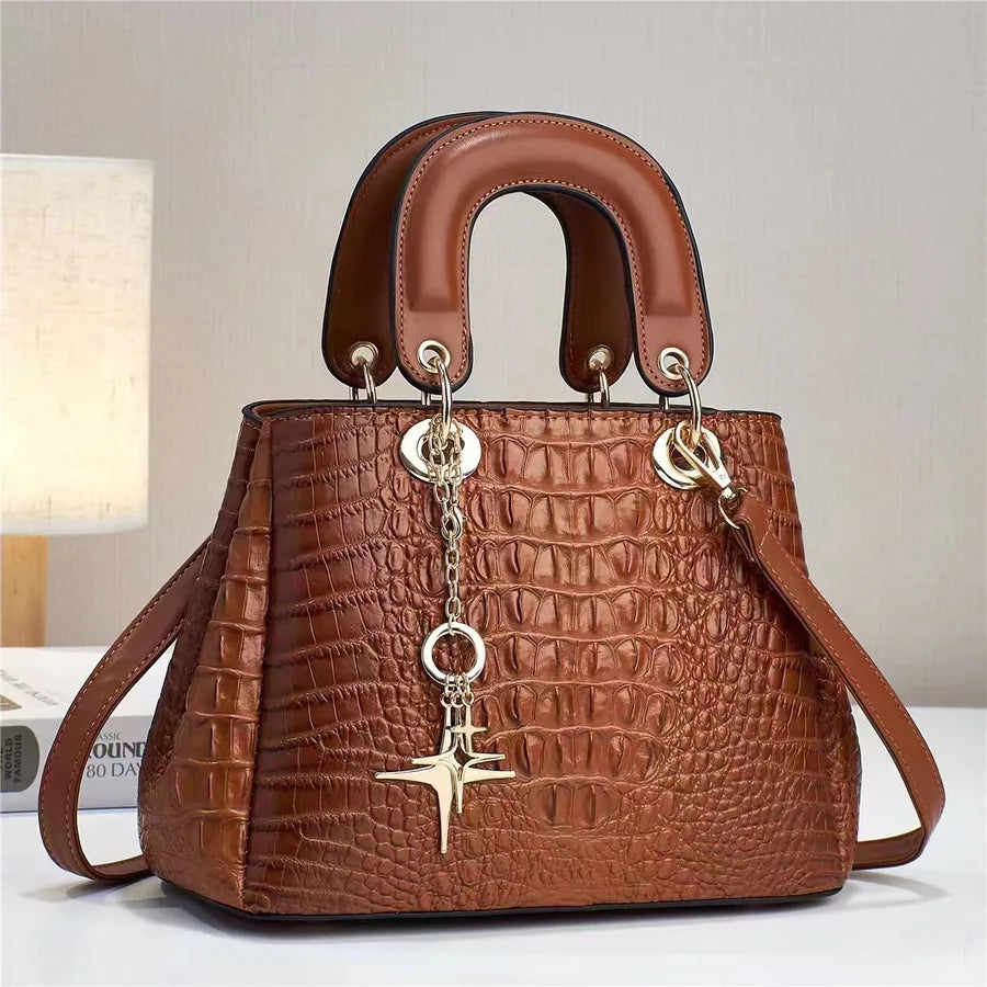 Women's Pu Leather Crocodile Elegant Sewing Thread Bucket Zipper Handbag