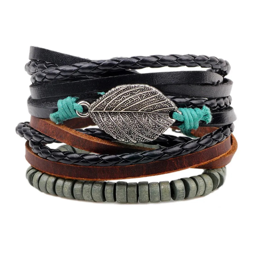 casual letter feather wings pu leather alloy beaded patchwork men's bracelets