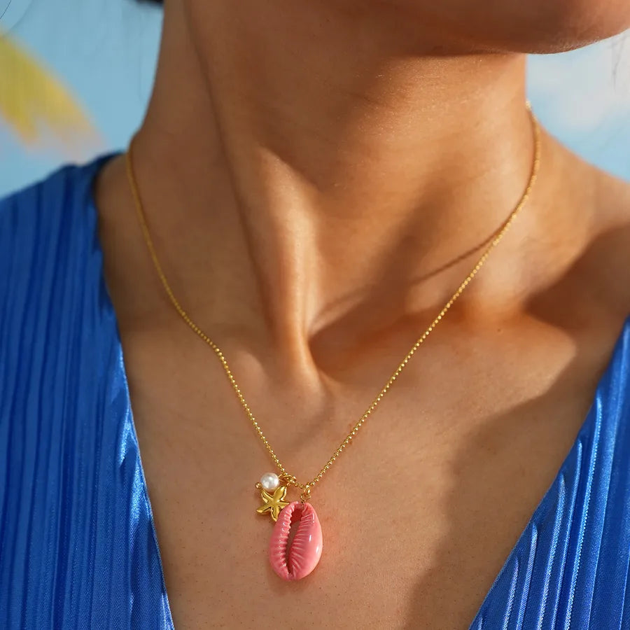 Wholesale Jewelry Cute Hawaiian Beach Starfish Shell 304 Stainless Steel 18K Gold Plated ball chain Pendant Necklace
