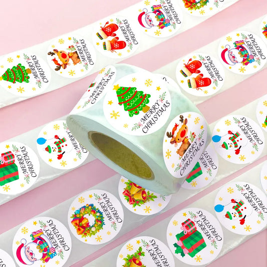 Christmas Tree Deer Cartoon Round Dot Stickers 500 Pieces Per Roll Festive Journaling Supplies Adorable Stationery Decals