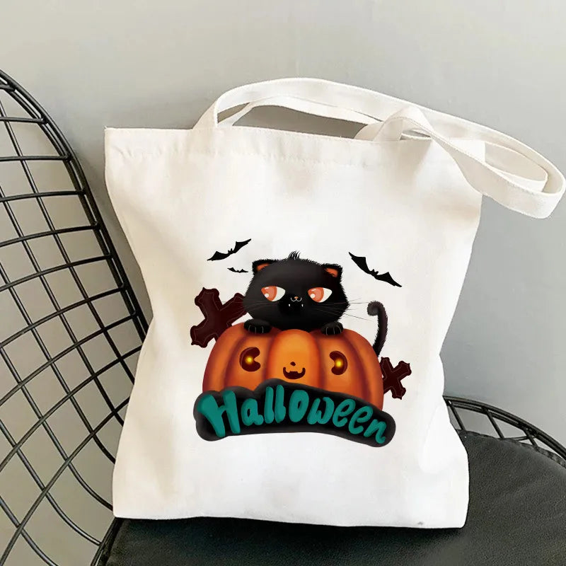 Halloween Women's Medium Canvas Pumpkin Cat Cute Square Open Underarm Bag