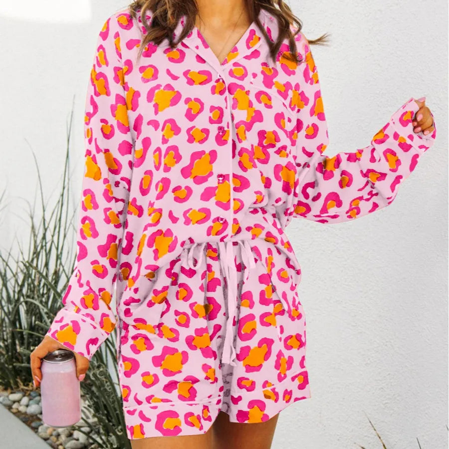 Home Women's Casual Elegant Lady Leopard Polyester Milk Fiber Shorts Sets Pajama Sets